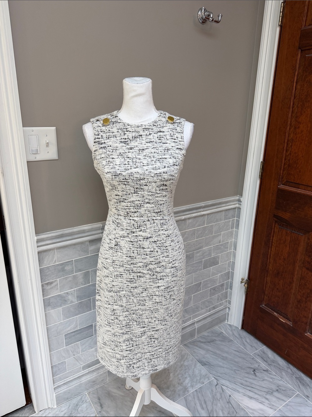 Calvin Klein Sleeveless Tweed Sheath Dress in White-Black